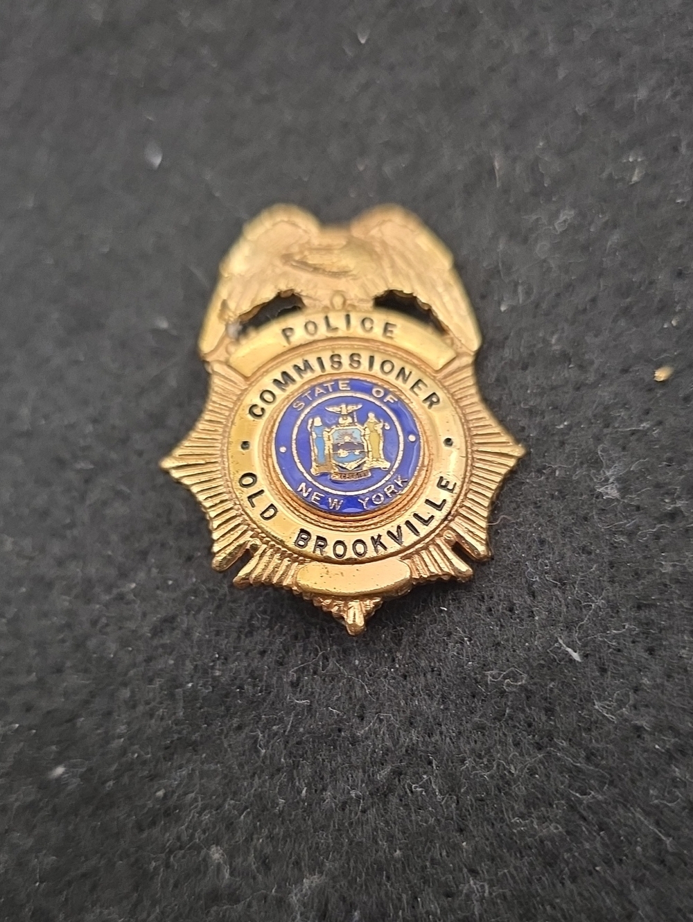 Old Brookville Police Commissioner Gold Tone and Blue Badge Pin Blackinton